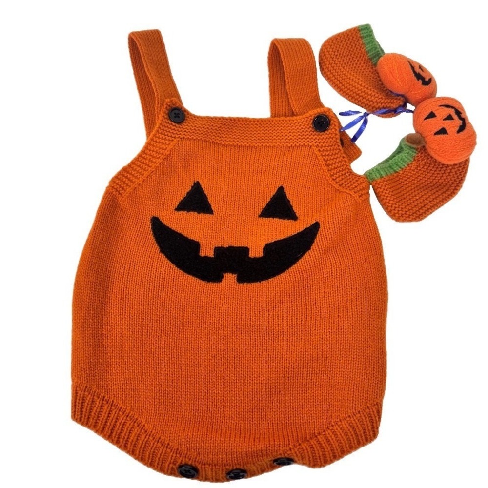 So'Dorable Pumpkin Romper Kids 0-12M Orange Sleeveless Halloween Fall Knit Set